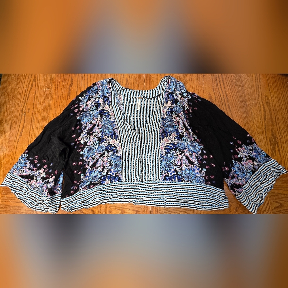 Free People Top Mix N Match Top Blouse L Black Combo Wide 3/4 Sleeve Womens